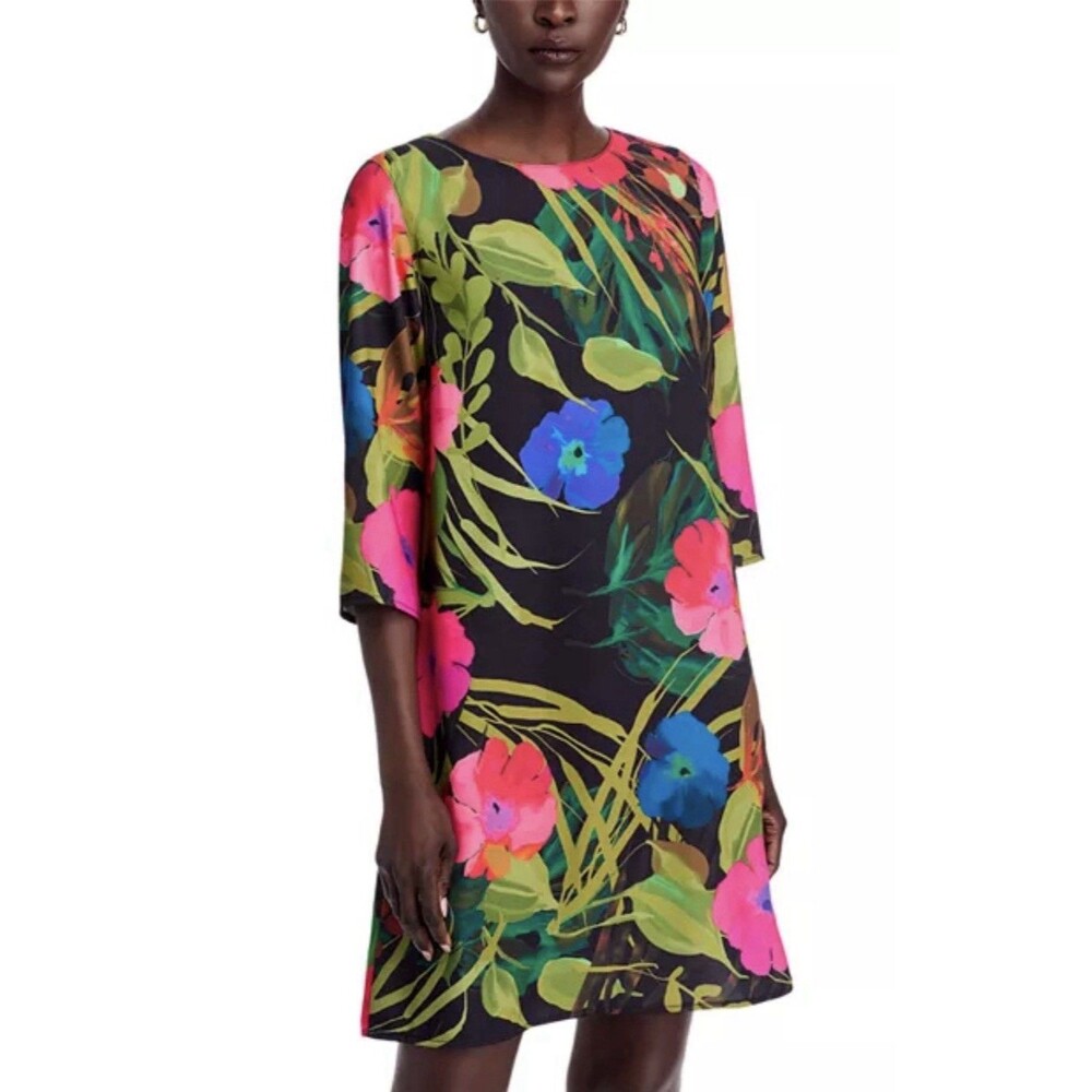 CAROLINE ROSE Easy Shift Straight-Cut Floral Print Dress 3/4 Sleeves. Size XS